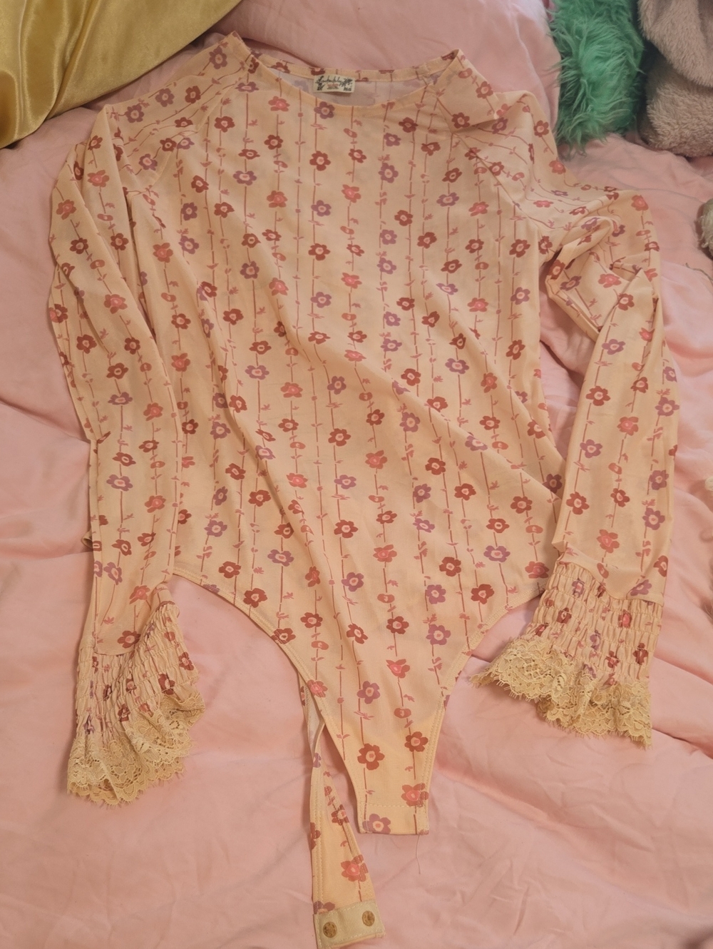 Free People Sheet Floral Bodysuit. Long Sleeves. Button Snap Crotch. Brand New